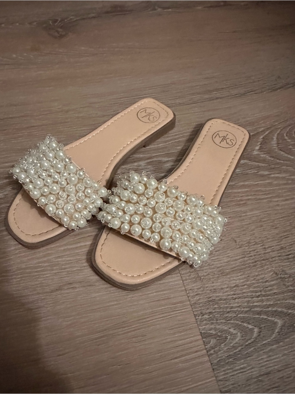 MKS Pearl-Embellished Beige Slide Sandals